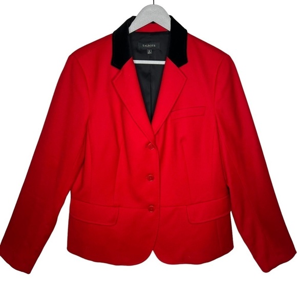 Talbots Womens Red Wool Black Velvet Collar Fitted Blazer Jacket Size 16 Pockets - Picture 1 of 10